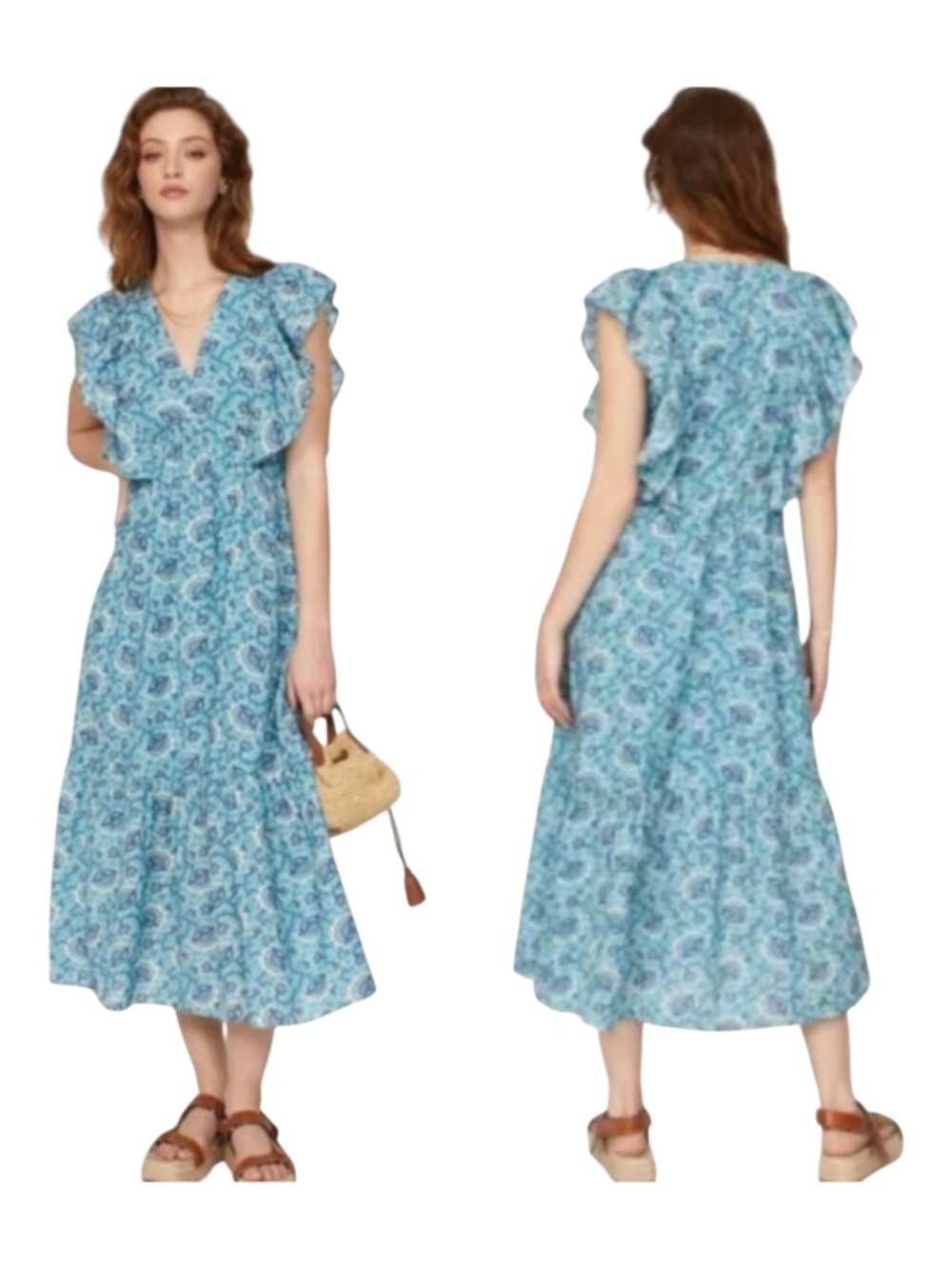 Rhode Tasha Blue Aqua Lotus Tasha Midi/Maxi Ruffle Boho Dress Size 8